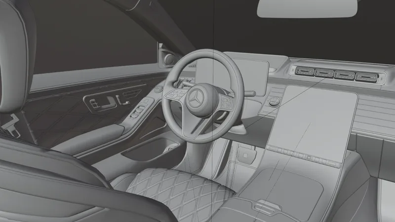 Cockpit als graues Modell in der Blender-Ansicht, mit den Hilfslinien der ausgewählten Wand